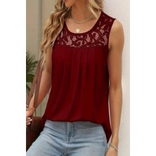 Mossta Yuvarlak Yaka Dantel Detaylı Viskon Bluz - Bordo