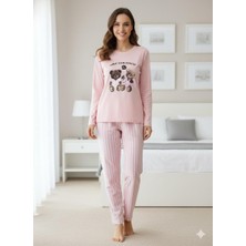 Enisa Interlok Kumaş Uzun Kollu Kadın Pijama Takımı Desenli Baskılı Işlemeli