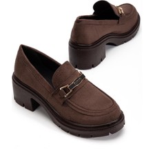 Dilimler Ayakkabı Kahverengi Süet Kadın Kalın Topuklu Günlük Ayakkabı Kalın Taban Tokalı