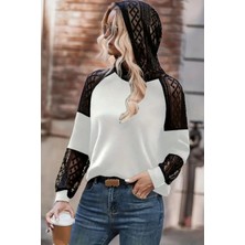 Mossta Dantel Detaylı Kapüşonlu Viskon Iki Iplik Bluz - Beyaz