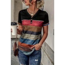 Mossta Blok Renkli V Yaka Kısa Kollu Süprem Bluz - Desenli