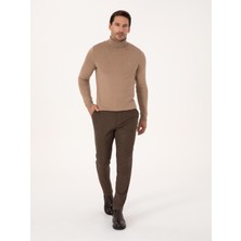 Cacharel Erkek Kahverengi Jogger Fit Beli Lastikli Yün Karışımlı Balık Sırtı Kanvas Pantolon 50308723-VR029