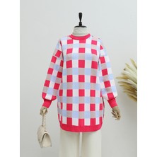 Mac Moda  Renkli Kareli Balon Kol Bisiklet Yaka Triko Tunik -Fuşya