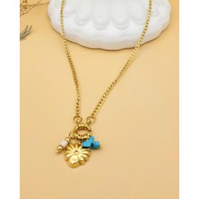 Nevoka Turkuaz Taşlı Kalp Charmlı Çelik Gold Kolye