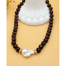 Nevoka Barok İnci Detaylı Kahverengi Leopar Kolye