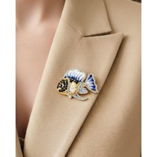 Nevoka Zirkon Taşlı Mavi Inci Balığı Broşu