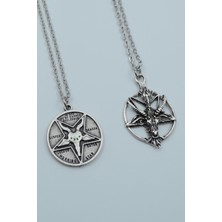 Alooya 2'li Lucifer Morning Star Ters Pentagram Keçi Kafası Gümüş Kaplama Kolye Seti