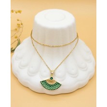 Nevoka Zirkon Taşlı Zümrüt Yeşil Yelpaze Kolye