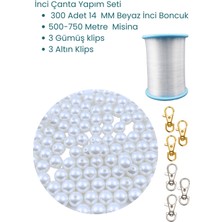 Heraldis Inci Boncuk Çanta Yapım Seti 14 mm , Inci Çanta Misinası, Çanta Klipsi -Beyaz Inci Çanta Boncuk Seti