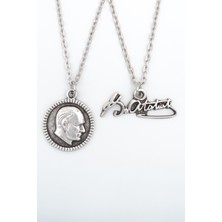 Alooya 2'li Kemal Atatürk İmza - Madalyon Gümüş Kaplama Kolye Seti