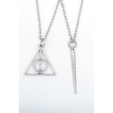 Alooya 2'li Harry Potter Ölüm Yadigarları Üçgen - Antik Çubuk Gümüş Kaplama Kolye Seti