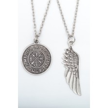 Alooya 2'li Viking Pusula - Kartal Melek Kanat Gümüş Kaplama Kolye Seti
