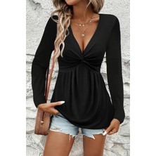 Mossta V Yaka Düğüm Detaylı Uzun Kollu Viskon Bluz - Siyah