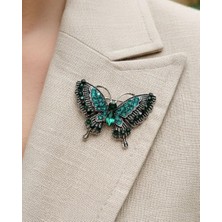Nevoka Gümüş Kaplama Yeşil Vintage Taşlı Kelebek Broş