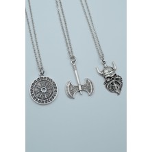 Alooya 3'lü Viking Savaşçı Viking Pusula Çift Taraflı Balta Gümüş Kaplama Kolye Seti