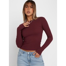 Swalora Bisiklet Yaka Uzun Kollu Fitilli Crop Bluz