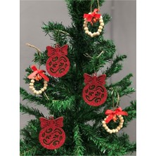 Empressco 3'lü Simli Kırmızı Keçe Süs Topu ve Ahşap Boncuk Hediye Süsü Seti