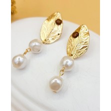 Nevoka Karamel Taşlı Incili Yaprak Sallantılı Küpe