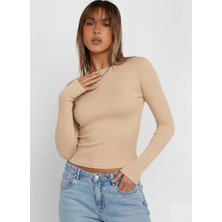 Swalora Bisiklet Yaka Uzun Kollu Fitilli Crop Bluz