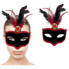 Buğz Kırmızı Tüylü Siyah Süet Kaplama Parti Maskesi