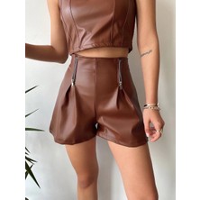 Kazax Çift Fermuarlı Deri Şort Kahve H24394