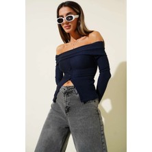 Kazax Madonna Yaka Düğmeli Bluz Lacivert T4329