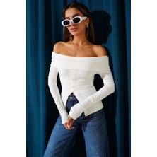 Kazax Madonna Yaka Düğmeli Bluz Beyaz T4329