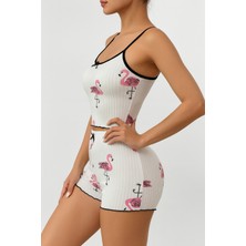 Gawzera Lily Bicnca Kadın Beyaz Ip Askılı Pembe Flemingolu Mini Shortlu Takım