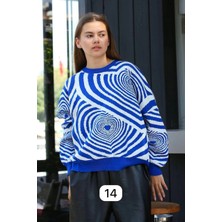 Kazax Beyaz Kalp Çizgili Kazak Saks Mavisi