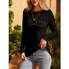 Etiler Collection Kadın Uzun Kollu Bisiklet Yaka Gülümseyen Surat Desenli Viskon Bluz