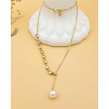 Nevoka Incili Taşlı Çelik Gold Y Kolye