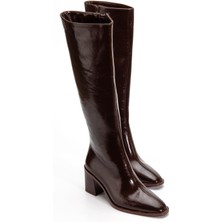 Dilimler Ayakkabı Kadın Topuklu Çizme Kahverengi Rugan Fermuarlı Küt Burun