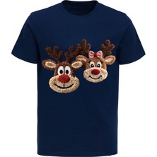 Efendioğlu Design 2 Geyik Nakış Görüntülü Baskılı Yılbaşı Yeni Yıl Baskılı Pamuklu Yetişkin Tişört