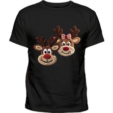 Efendioğlu Design 2 Geyik Nakış Görüntülü Baskılı Yılbaşı Yeni Yıl Baskılı Pamuklu Yetişkin Tişört