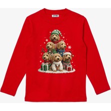 Efendioğlu Design Uzun Kollu Köpekler Yeni Yıl Yılbaşı Ağacı Baskılı Christmas Baskılı Pamuklu Çocuk Tişört