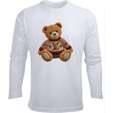 Efendioğlu Design Uzun Kollu Nakış Görünümlü Kazak Giymiş Ayı Baskılı Pamuklu Çocuk Tişört