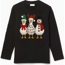 Efendioğlu Design Uzun Kollu 3 Ördek Yeni Yıl Yılbaşı Christmas Baskılı Pamuklu Çocuk Tişört