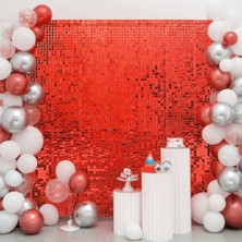 Zenvia Kırmızı Renk Dikdörtgen Kesim Parlak Sim Görünümlü Fon Perde Dekor 1x2 Metre