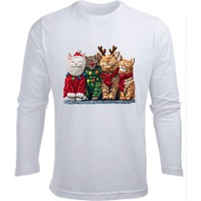 Efendioğlu Design Uzun Kollu 4 Kedi Yeni Yıl Yılbaşı Christmas Baskılı Pamuklu Çocuk Tişört