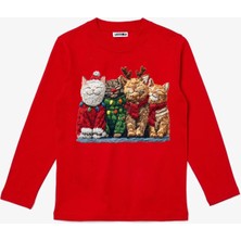 Efendioğlu Design Uzun Kollu 4 Kedi Yeni Yıl Yılbaşı Christmas Baskılı Pamuklu Çocuk Tişört