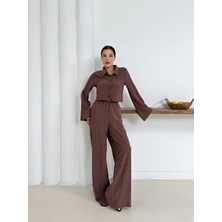 Kazax Gömlek yaka kaplama düğmeli takım kahve st265866