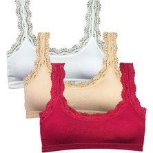 Royaleks 3 Adet Dantel Nakış Işlemeli Pedli Bambu Kadın Büstiyer Beyaz Ten Bordo