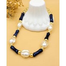 Nevoka Barok İnci Detaylı Lacivert Çubuk Kolye