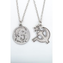 Alooya 2'li Che Guevare Madalyon - Orak Çekiç Gümüş Kaplama Kolye Seti