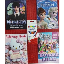 Ada Çanta Kırtasiye 4 Adet Stickerli Boyama Kitabı ve 12 Li Kuru Boya Kalemi (Wednesdaya/hello Kitty/frozen/prensesler)