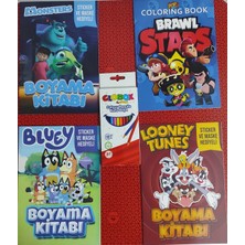 Ada Çanta Kırtasiye 4 Adet Stickerli Boyama Kitabı ve 12 Li Kuru Boya Kalemi (Brawlstars/monsters/blueyb/looney Tunes)