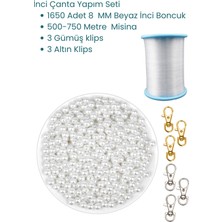 Heraldis Inci Boncuk Çanta Yapım Seti 8 mm , Inci Çanta Misinası, Çanta Klipsi -Beyaz Inci Çanta Boncuk Seti