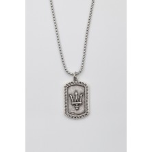 Alooya Poseidon Mızrağı Künye Kolye - Örme İthal Zincirli Unisex Gümüş Kaplama - 60 cm