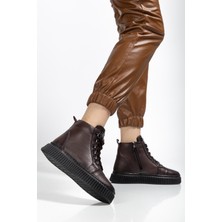 Dilimler Ayakkabı Hakiki Deri Kalın Taban Halka Bağcıklı Kahverengi Kadın Bot