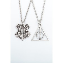 Alooya 2'li Harry Potter Ölüm Yadigarları Üçgen - Hogwarts Gümüş Kaplama Kolye Seti